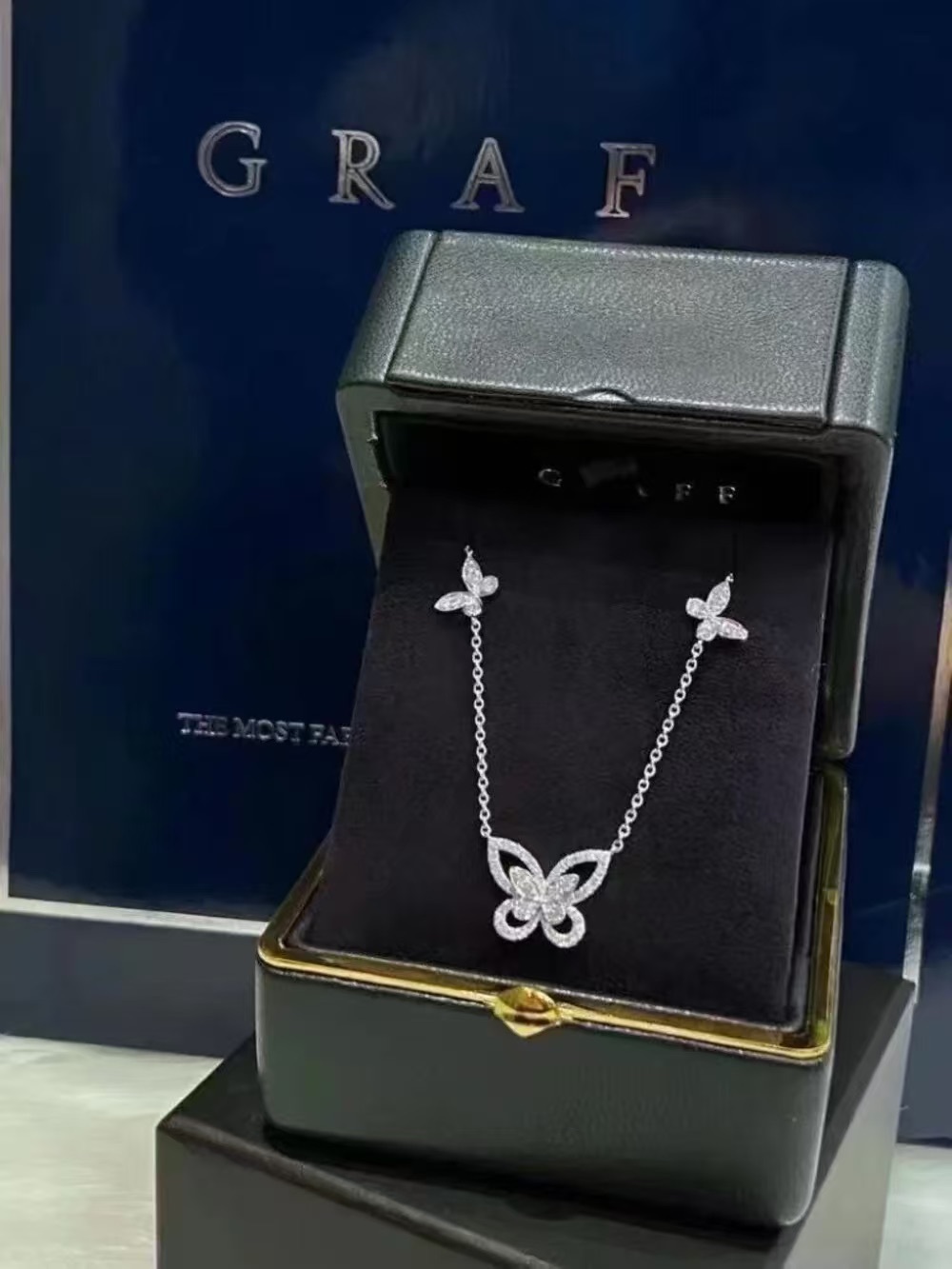 GRAFF Silver Butterfly Motif Necklace with White Crystals